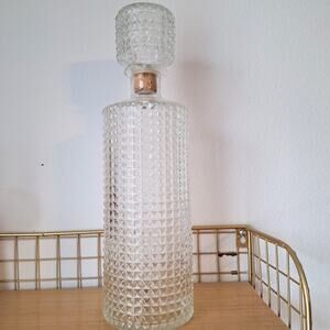 Vintage MCM Clear Glass Decanter Diamond Point Cut Glass Bottle with Cork Stop